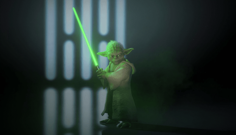 Yoda with ignited green lightsaber, in fighting stance, against Star Wars-themed lit background panels.