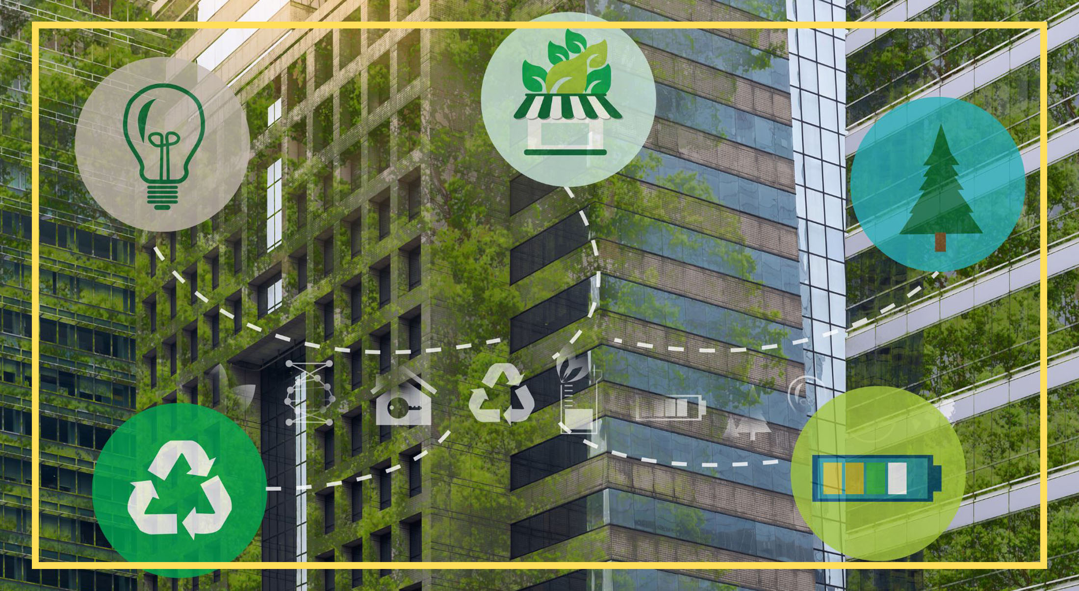 A modern green building surrounded by urban architecture, showcasing sustainable design in a bustling city environment.