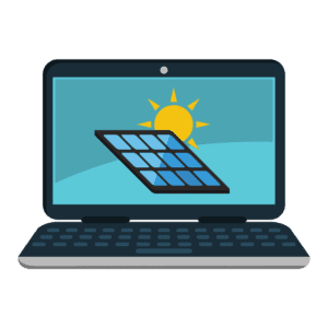 Illustration of solar panel under bright sun on a laptop screen, promoting renewable energy technology.