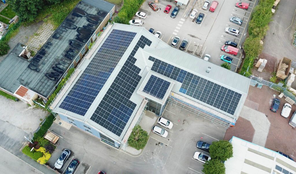 Aerial picture of solar panels on Oakland House
