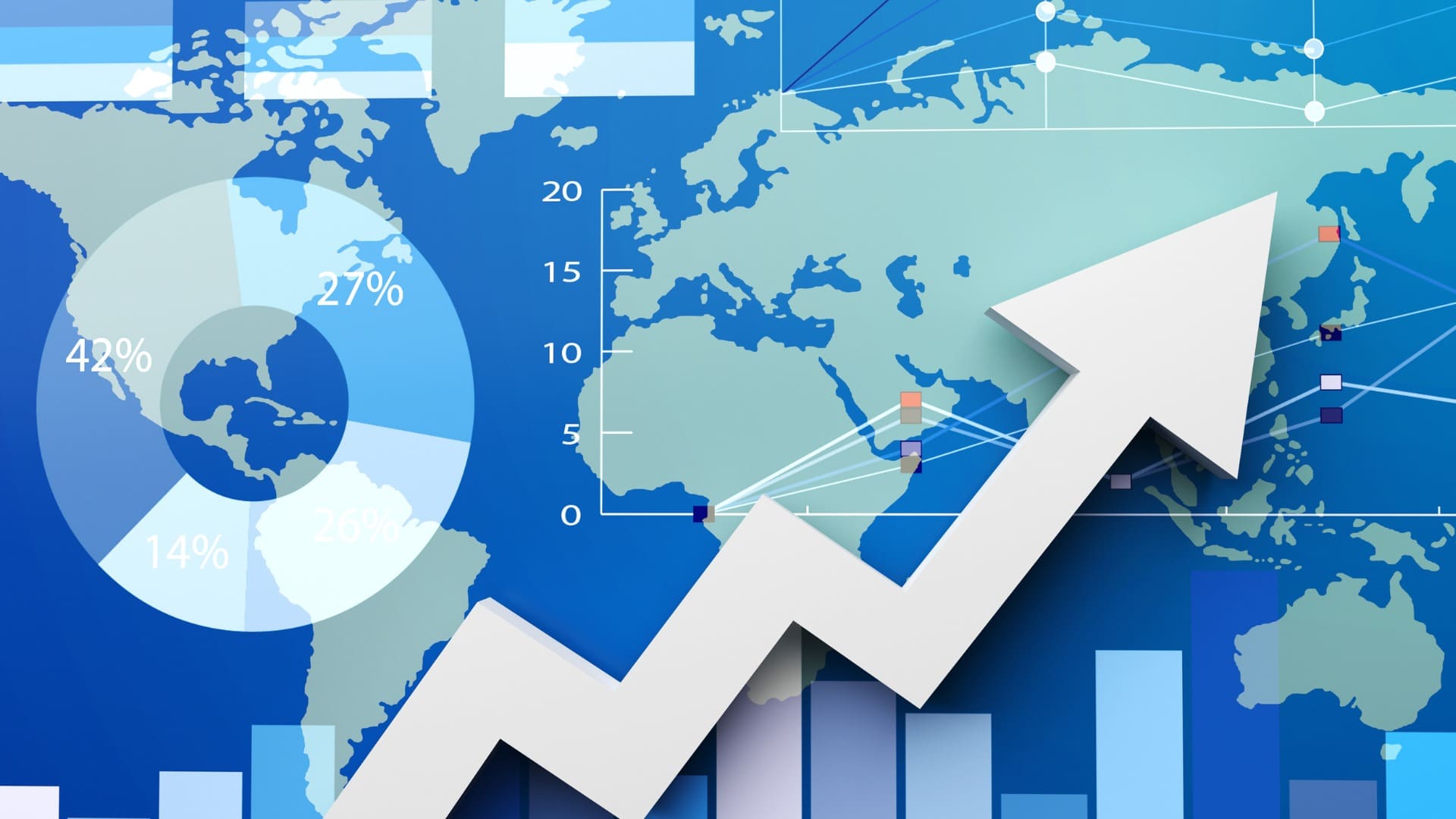 The image contains a detailed world map with various overlaid graphical elements, signifying data visualization. A prominent white arrow points upward, indicating a trend of growth or progress.