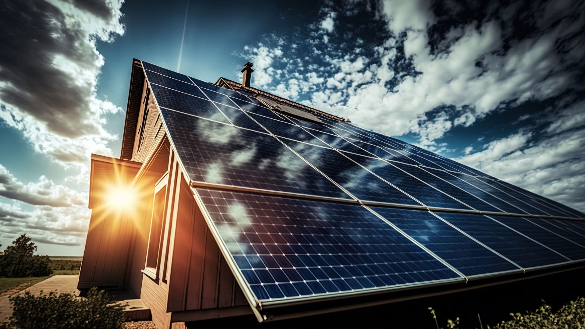 House with solar panels on roof under blue sky, showcasing sustainable living and renewable energy use.