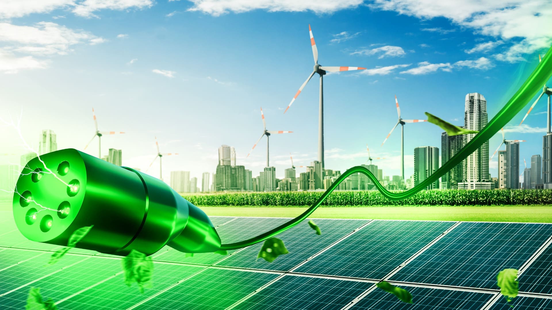 A vibrant illustration showcasing renewable energy sources. In the foreground, a large green plug emits sparks, symbolizing clean energy, connected to a winding green cable. Below it are solar panels, highlighting the use of solar power. Wind turbines populate the background, representing wind energy generation. Behind them is a cityscape with modern skyscrapers powered by sustainable technologies. The floating green leaves in the sky emphasize the environmental theme, alongside a clear sky dotted with clouds.