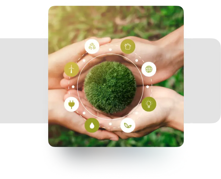 Hands holding a green plant surrounded by environmental and sustainability icons.