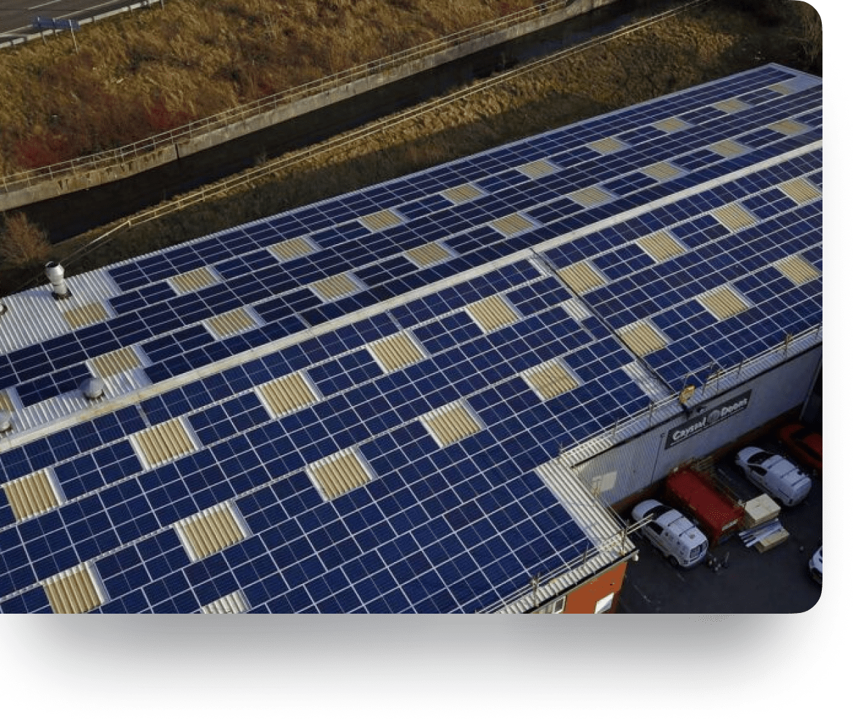 Close-up of solar panels on a commercial structure in Liverpool’s bustling city center.