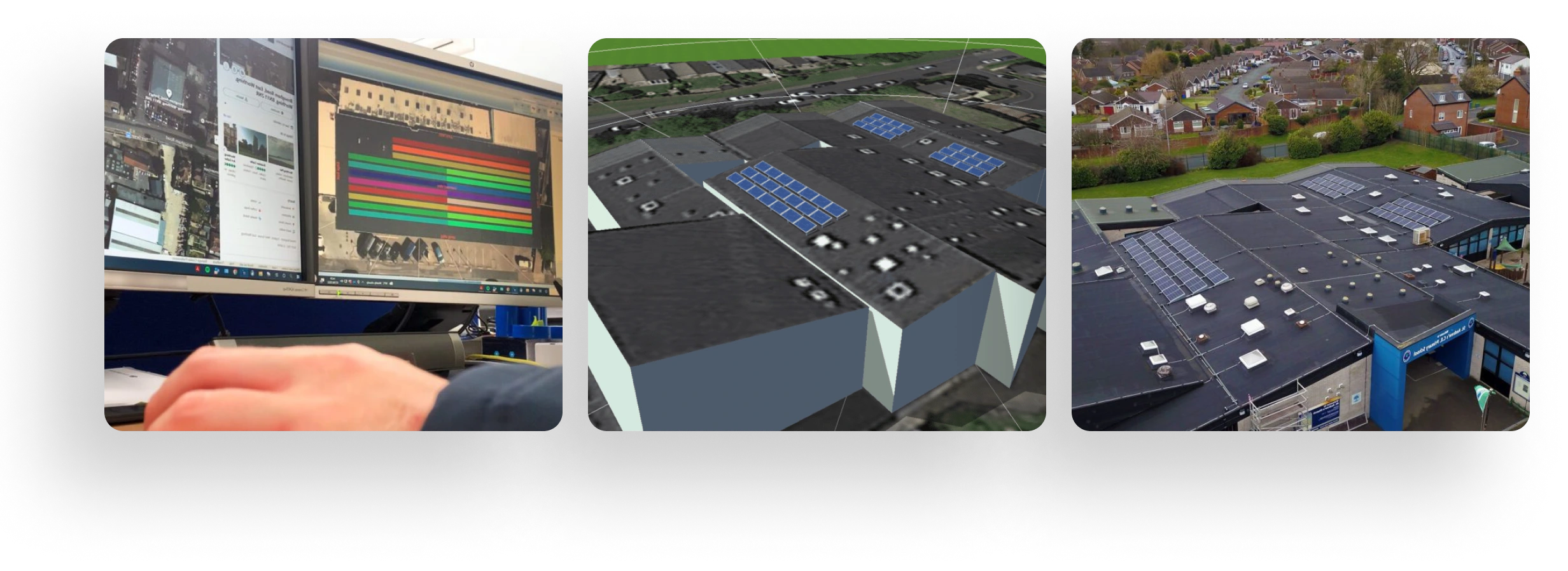 A three-section collage featuring a software interface with colored graphs, an aerial view of a solar-paneled building, and another aerial view of a similar structure from a different angle.