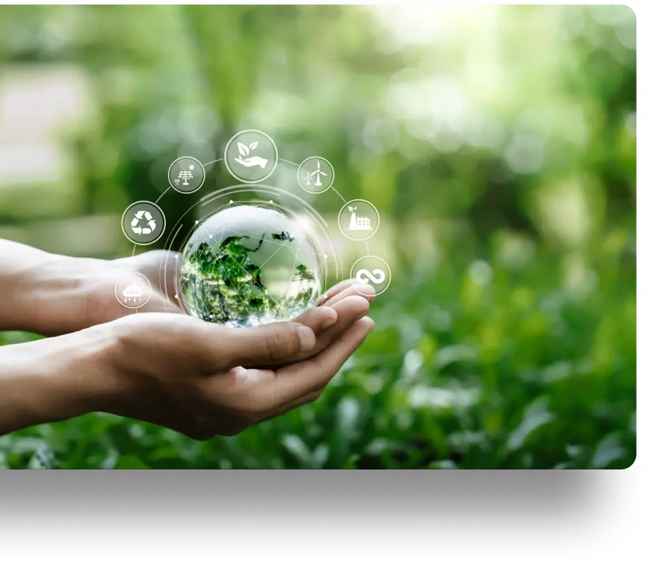 Hands holding a globe with green plants and icons for eco-sustainability.