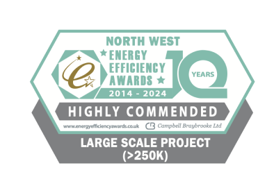 Badge for North West Energy Efficiency Awards, 2014-2024, 'Highly Commended' in Large Scale Project.