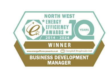 Badge for North West Energy Efficiency Awards, 2014-2024, winner Campbell Braybrooke Ltd in Business Development Manager category.