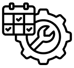 A black gear icon with calendar icon.