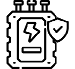 Battery icon with a lightning bolt, shield icon with a checkmark for secure energy.