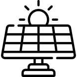Icon of a solar panel under the sun with rays symbolizing renewable energy.