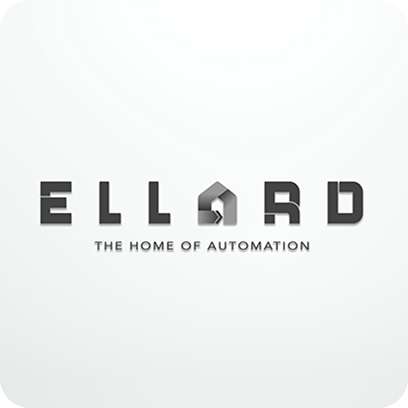 Logo featuring the word ELLARD in bold, gray, geometric letters. The letter A is stylized as a house shape. Below, it says The Home of Automation on light gray.