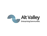 Logo of Alt Valley: two blue patterned semicircles on the left, with the text Alt Valley Enterprising Communities to the right.