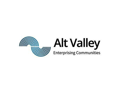 The logo of Alt Valley Enterprising Communities has a blue geometric design with interlocking semi-circles on the left, and the text Alt Valley and Enterprising Communities on the right.