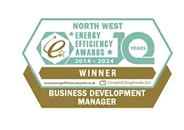 Award plaque for 'North West Energy Efficiency Awards' honoring Business Development Manager for 2014–2024