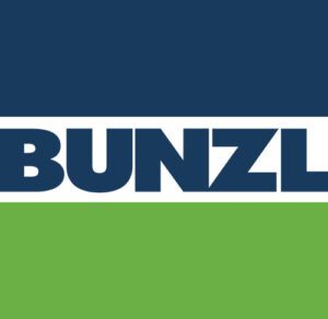 Logo: BUNZL in bold blue letters centered on a white stripe, set against dark blue (top) and green (bottom) backgrounds to reflect the brands identity.