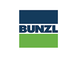Logo featuring bold blue BUNZL text on a white background. Below, a thick green horizontal stripe is topped with a thin blue stripe.