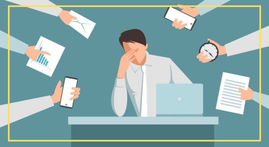 Person at a desk holding their head, surrounded by six hands offering tasks like documents, phones, and a stopwatch.