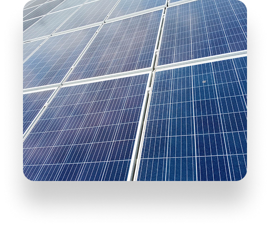 A close-up of blue solar panels in a grid pattern, capturing sunlight with their reflective surfaces. The angled view highlights the efficient layout and meticulous grid lines.