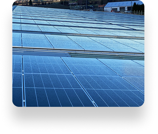 A rooftop covered in solar panels reflects the clear sky, symbolizing Instarmacs dedication to sustainability. A building and hills are seen in the background; panels look wet from rain.