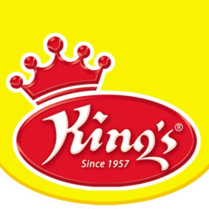 The logo features a red oval with Kings Quality Foods in white script and Since 1957 below. A red crown sits above the oval on a bright yellow background.
