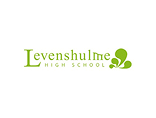 Logo for Levenshulme High School: green text with abstract leaf-like shapes on the right, white background.