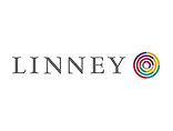 Text LINNEY in serif font next to a circular logo with colorful concentric rings on a white background.