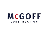 Logo with the text McGoff Construction. Mc has a red C, while the rest is dark blue. Below, Construction appears in smaller, dark blue uppercase letters. Background is white.
