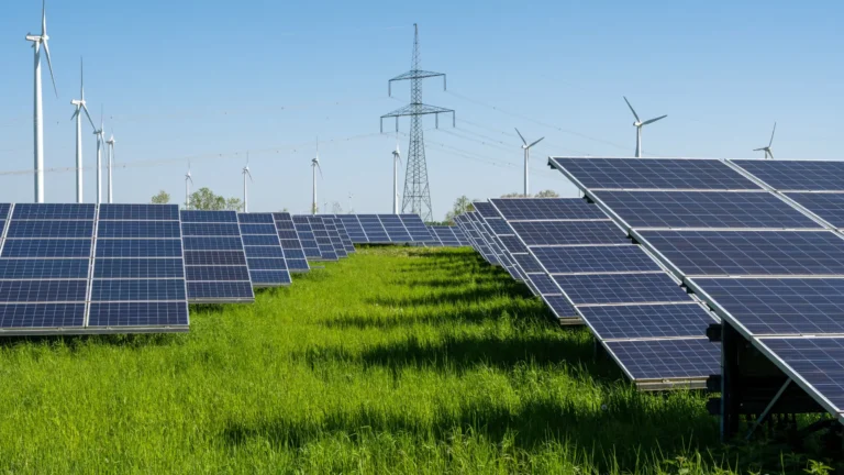 Solar panels in a field with wind turbines in the background under clear blue sky. A transmission tower is visible far off, with green grass covering the ground.