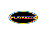 Logo with PLAYKIDDS in colorful, capital letters inside a black oval outlined in yellow, red, and blue on a white background.