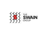 Logo with stylized black chains, one red link, symbolizing connection. To the right, text reads THE SWAIN GROUP in black caps on a white background.