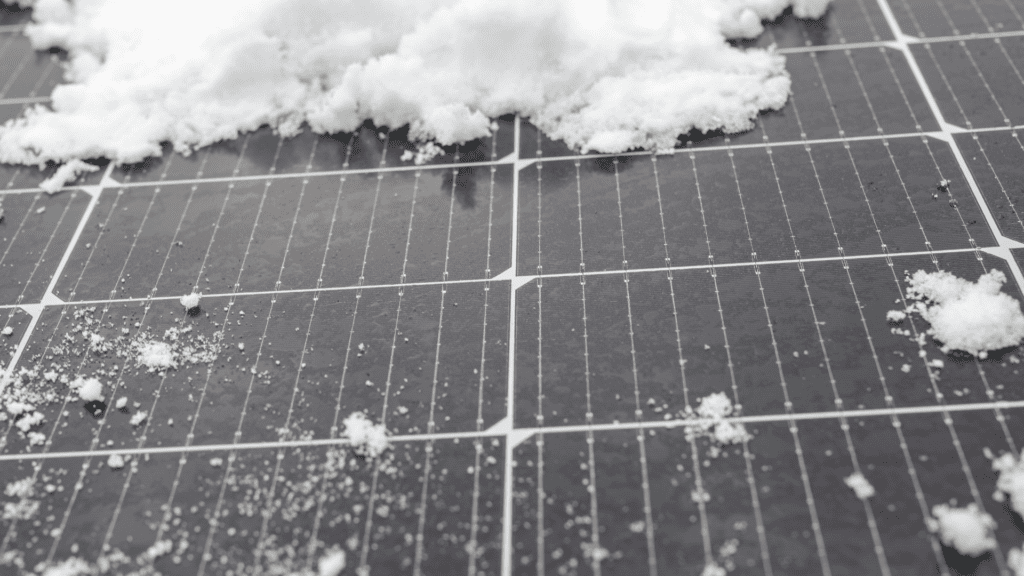 Solar panel partially covered in snow, with scattered accumulation affecting energy efficiency in cold climates.