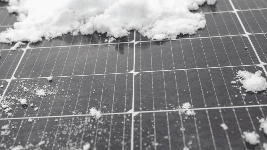 Solar panel partially covered in snow, with scattered accumulation affecting energy efficiency in cold climates.