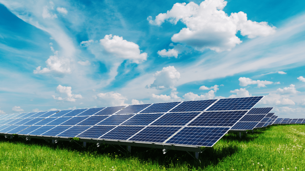 Rows of solar panels installed on a grassy field under a bright blue sky with scattered clouds.