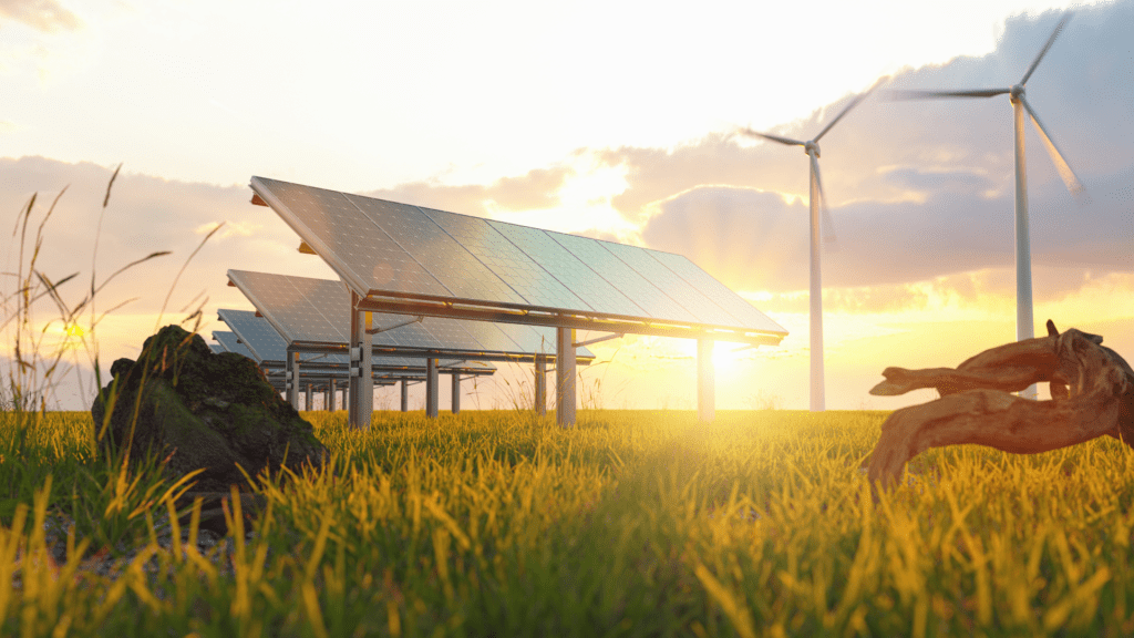 Solar panels in rows with two wind turbines spinning in the background, set against a warm sunrise or sunset.