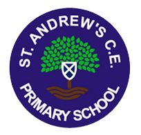 Logo of St. Andrews C.E. Primary School: Dark blue circle with a central tree and shield beneath it. St Andrews Primary School encircles in white letters.