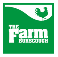 A green logo with a white rooster silhouette in the top right corner and bold white text reading The Farm Burscough.