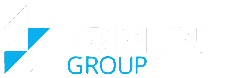 Logo of The Trimline Group with three stylized blue and white sails on the left, next to bold TRIMLINE GROUP in white and blue letters on a black background.