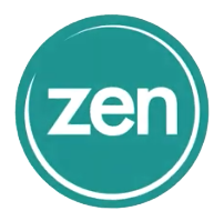 Teal circular logo with zen in white lowercase letters at the center, surrounded by a darker teal border. The design is modern and minimalist, representing Zen Internet.