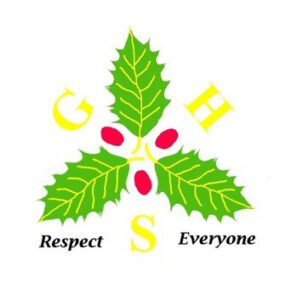 Logo with three green holly leaves and red berries. Surrounding them are yellow letters G, H, S for Gilded Hollins Primary School. Below, the text reads Respect Everyone.