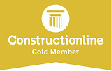 Yellow badge featuring a white column icon above the text Constructionline Gold Member.