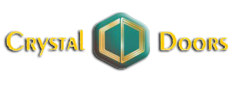 Logo of Crystal Doors: green hexagon with a stylized door at the center; Crystal in yellow on the left and Doors on the right.