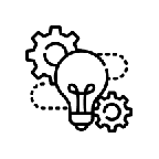 Icon of a light bulb and two gears, symbolizing ideas, innovation, and mechanical processes.