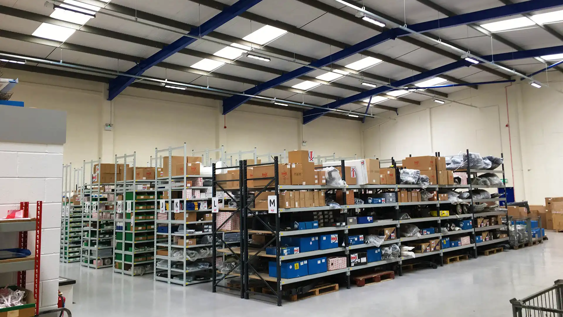Interior of Imex warehouse with high ceilings and rows of metal shelves filled with boxes. Bright fluorescent lights illuminate the pristine floor.