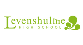 A green text logo for Levenshulme High School features a large letter L and abstract plant shapes symbolizing growth and learning.