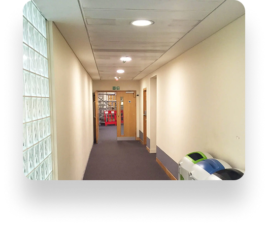 A corridor with beige walls and dark carpet leads to an exit. Recycling bins on the right. Ceiling lights brighten the space, with glass bricks on the left wall.