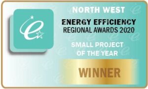 Award plaque with turquoise square and white star on the left. Text reads: North West Energy Efficiency Regional Awards 2020 Small Project of the Year, Crystal Doors. Gold band at bottom says Winner.