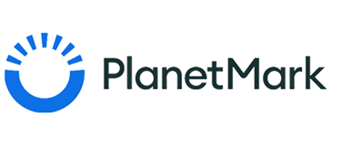 Logo of PlanetMark: A blue circular design on the left with radial lines at the top next to the text PlanetMark in modern font.