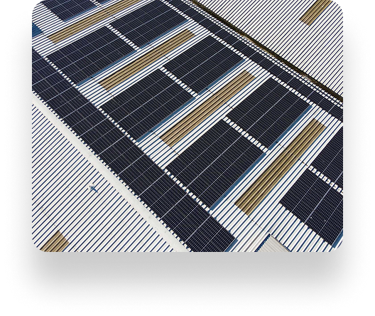 Solar panels on a roof, installed by Searchlight Electric, alternate with light surfaces. The symmetric arrangement highlights renewable energy efficiency.